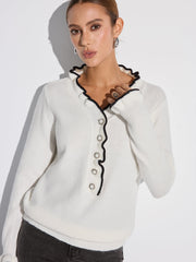 Contrast Ruffle Trim Button Sweater
