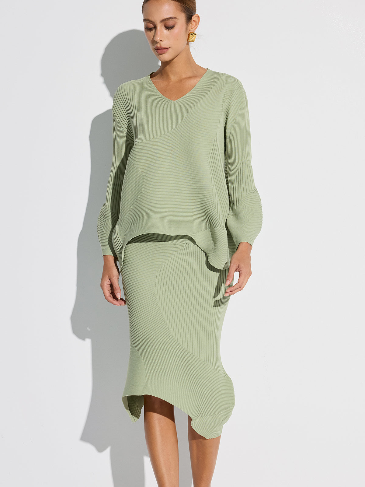 V-Neck Textured Asymmetric Hem Knit Sweater