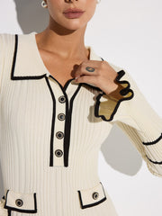 Contrast Trim Buttoned Ribbed Sweater Dress