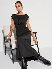 Cap Sleeve Ruched Backless Maxi Dress