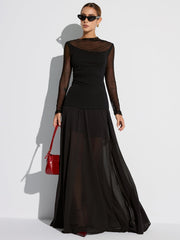 Semi-Sheer Mesh Panel Long Sleeve T-Shirt