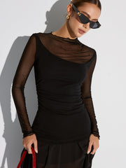 Semi-Sheer Mesh Panel Long Sleeve T-Shirt
