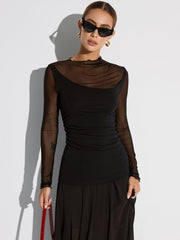 Semi-Sheer Mesh Panel Long Sleeve T-Shirt