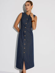 Button-Front Sleeveless Denim Maxi Dress