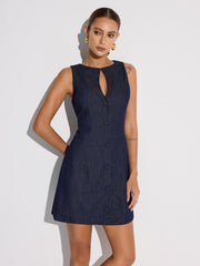 Keyhole Neckline Button Denim Mini Dress