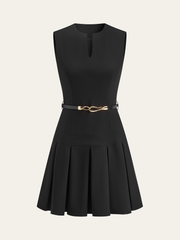 Sleeveless Keyhole-Neck Belted Pleated Mini Dress