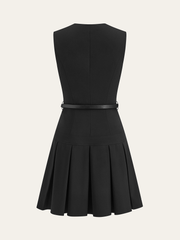 Sleeveless Keyhole-Neck Belted Pleated Mini Dress