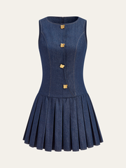 Metal Detail Denim Pleated Sleeveless Dress