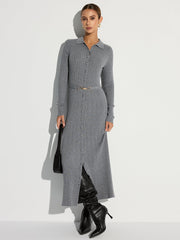 Ribbed Knit Polo Maxi Dress with Belt