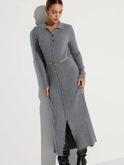 Ribbed Knit Polo Maxi Dress with Belt