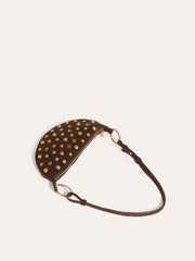 Suede Effect Studded Half-Moon Shoulder Bag
