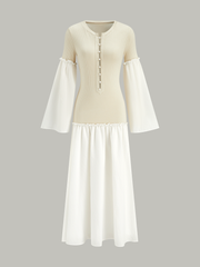 Bell Sleeve Contrast Panel Ribbed Maxi Dress