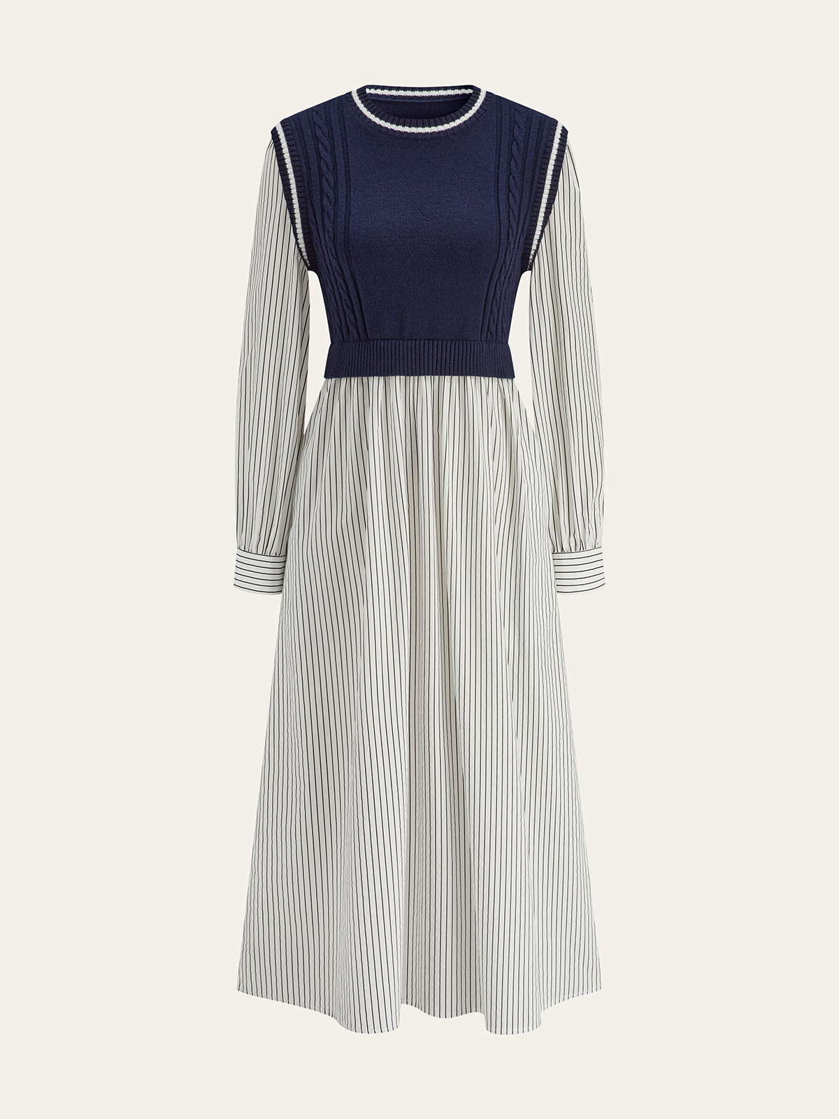 2 in 1 Cable-Knit Paneled Striped Midi Dress