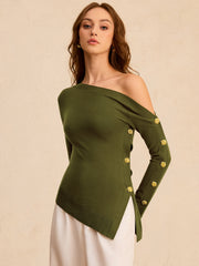 One-Shoulder Metal Detail Asymmetric Knit Top