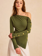One-Shoulder Metal Detail Asymmetric Knit Top