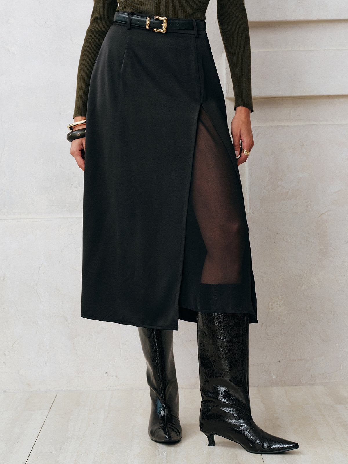 Sheer Slit Midi Skirt without Belt