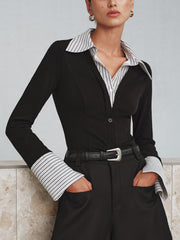 Mock Two-Piece Long-Sleeve Two Tone Polo Top