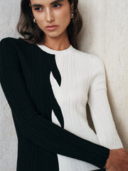 Asymmetric Color-Block Ribbed Sweater