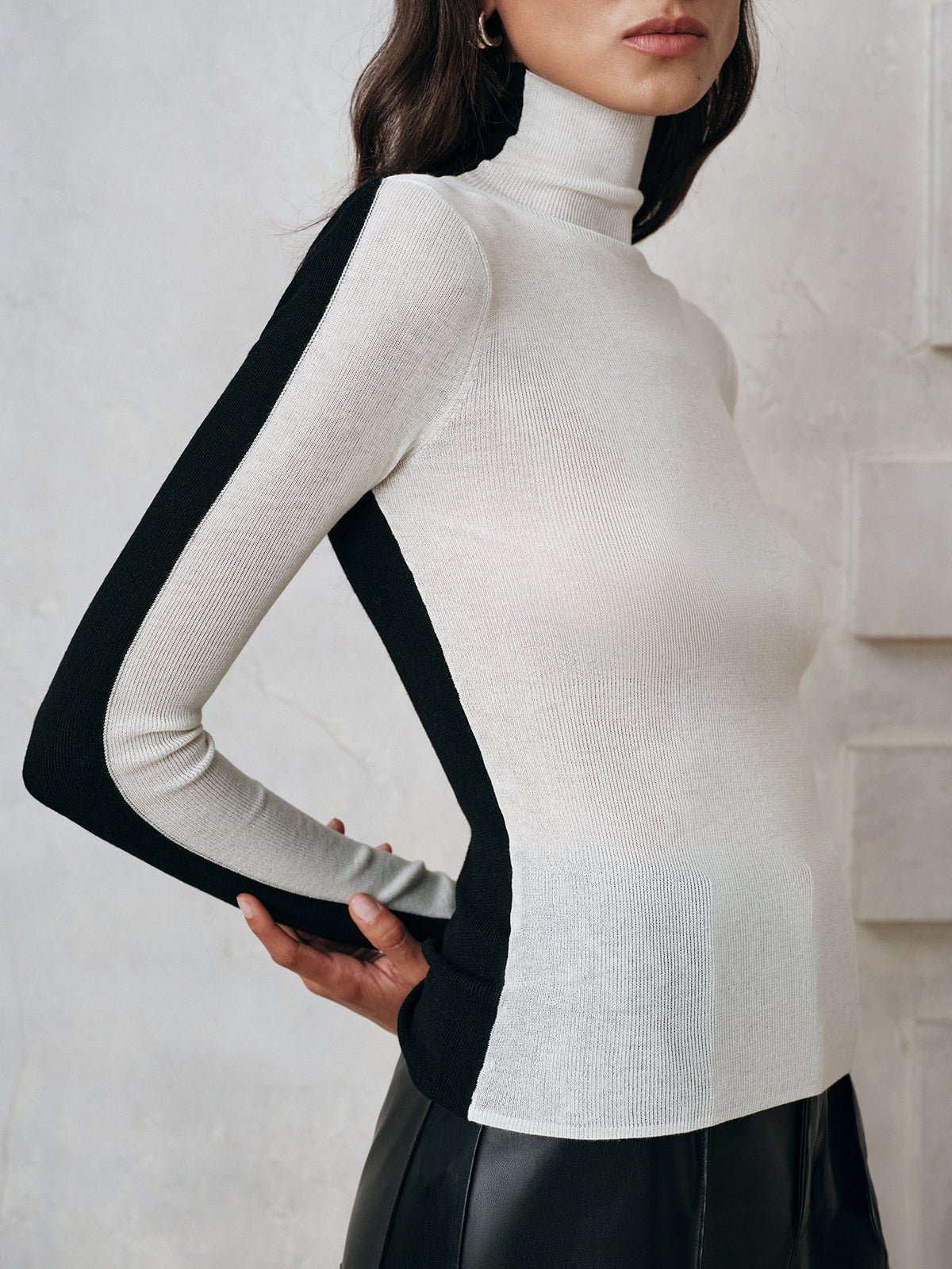 Color-Block Wool Blend Turtleneck Knit Top