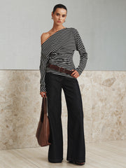 Striped Asymmetric One-Shoulder T-Shirt