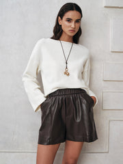 Elastic Waistband Faux Leather Shorts