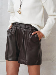 Elastic Waistband Faux Leather Shorts