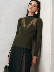 Sheer Lace Panel Mock Neck Sweater