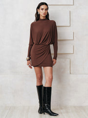 High-Neck Draped Batwing Sleeve Mini Dress