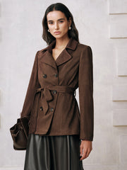 Belted Double-Breasted Suede Effect Jacket