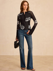 Floral Print Mesh Sleeve T-Shirt