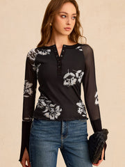 Floral Print Mesh Sleeve T-Shirt