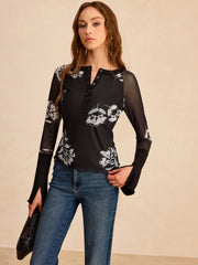 Floral Print Mesh Sleeve T-Shirt