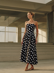 Strapless Polka Dot Ruched Maxi Dress