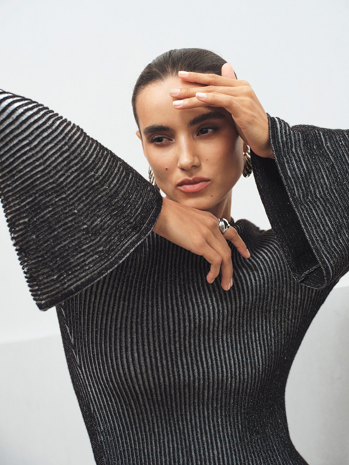 Flared Sleeve Striped Mock Neck Sweater