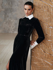 Contrast Panel Slit Long Sleeve Velvet Maxi Dress