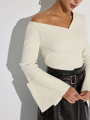 Asymmetric Off-Shoulder Bell-Sleeve Top