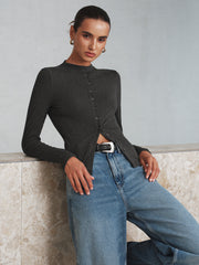 Mock Neck Button Long Sleeve T-Shirt