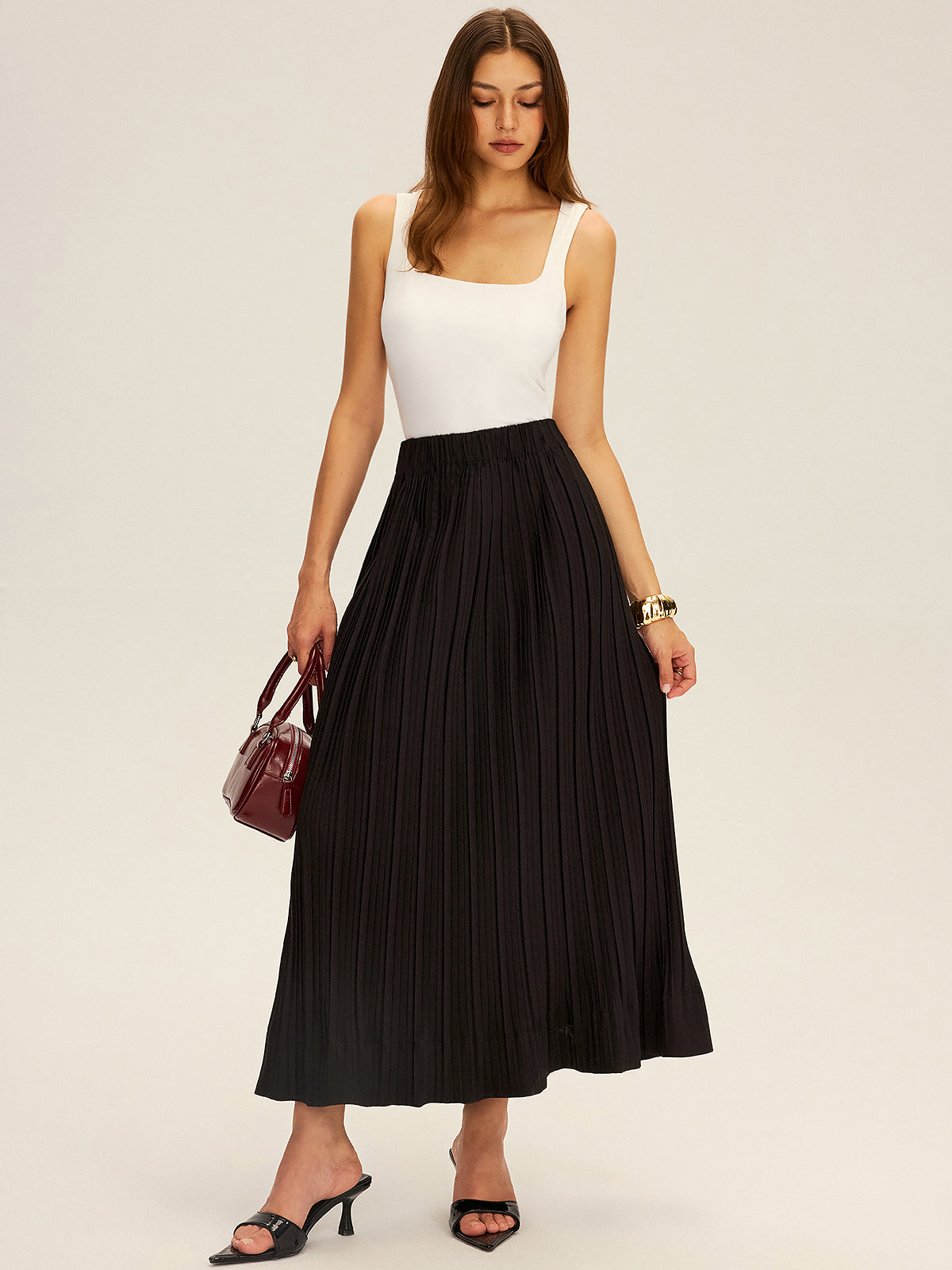 Pleated Elastic Waist Maxi Skirt