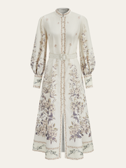 Floral Print Stand Collar Belted Midi Dress