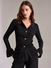 Bell Sleeve Ribbed Knit Polo Top