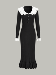 Contrast Ruffled Collar Knit Midi Dress
