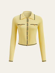 Contrast Trim Collared Knit Cardigan