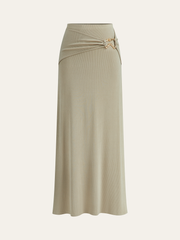 Metal Buckle Elastic-Waist Maxi Skirt