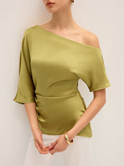 Satin One-Shoulder Ruched Top