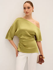 Satin One-Shoulder Ruched Top