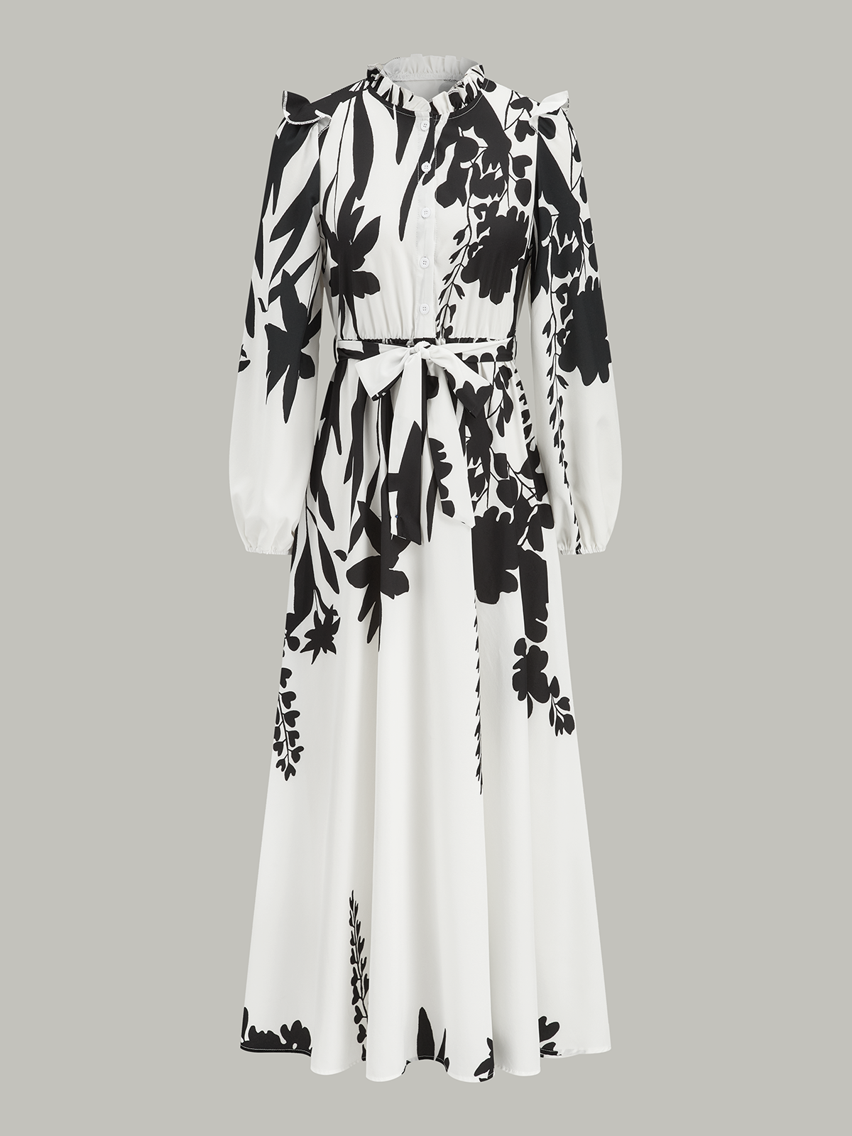 Ruffle Neck Belted Floral Print Maxi Dress