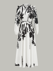 Ruffle Neck Belted Floral Print Maxi Dress