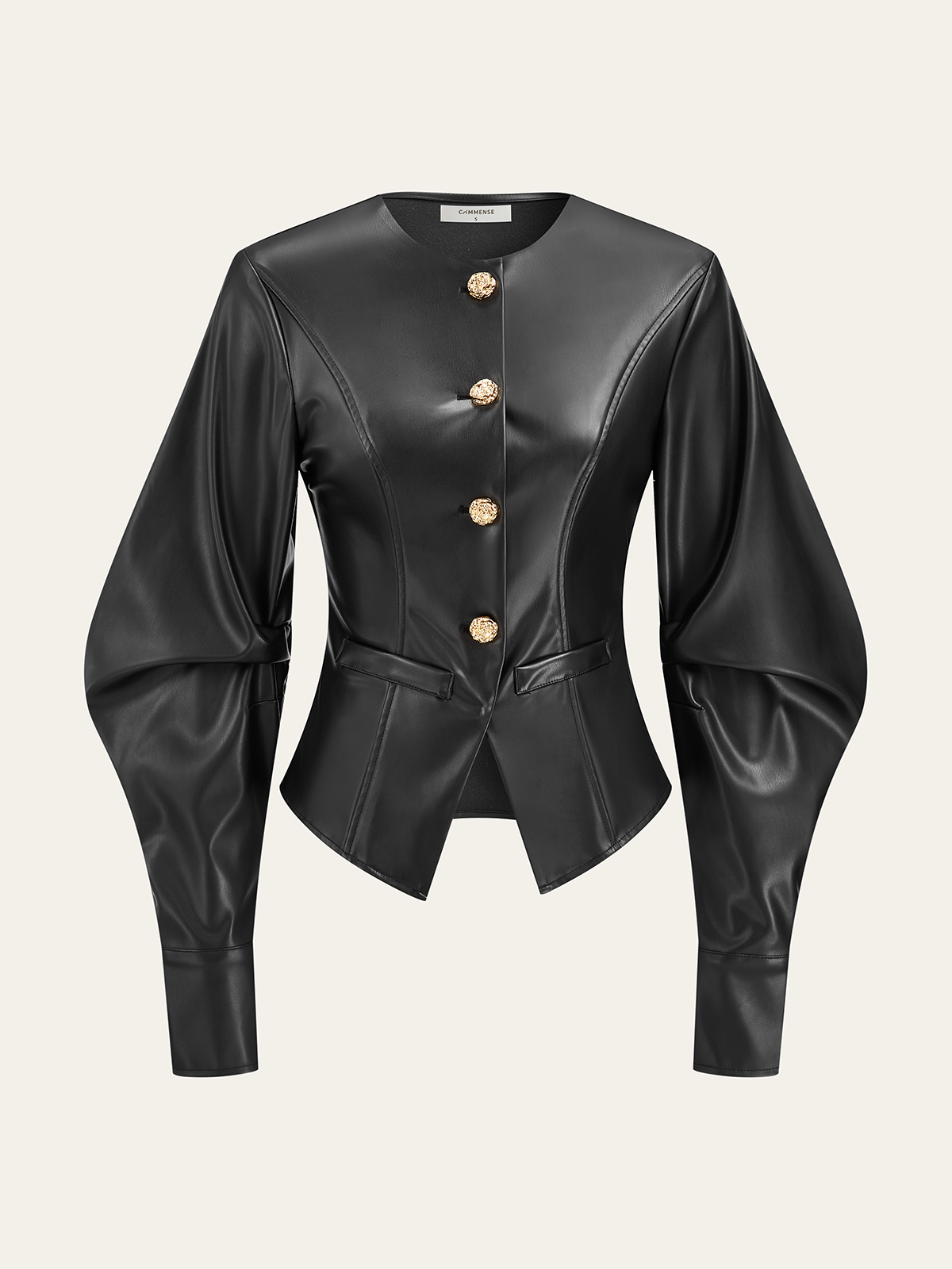 Metal Button Puffed Sleeve PU Leather Jacket