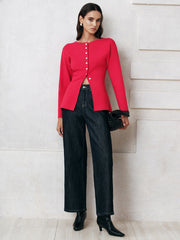 Button-Front Long Sleeve Knit Top