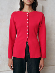 Button-Front Long Sleeve Knit Top